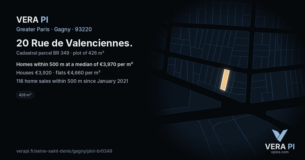 20 Rue de Valenciennes, Gagny at night – the plot lit, the parcels around coloured by the prices near them