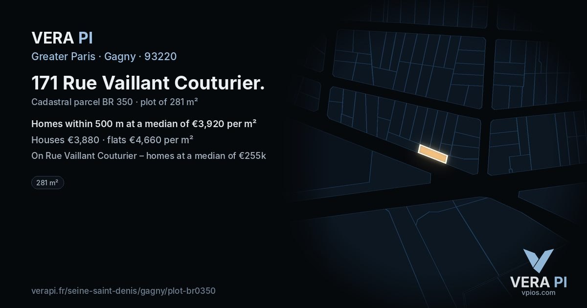 171 Rue Vaillant Couturier, Gagny at night – the plot lit, the parcels around coloured by the prices near them