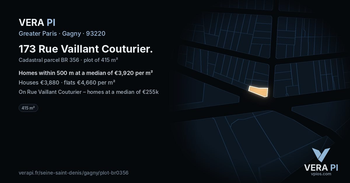 173 Rue Vaillant Couturier, Gagny at night – the plot lit, the parcels around coloured by the prices near them
