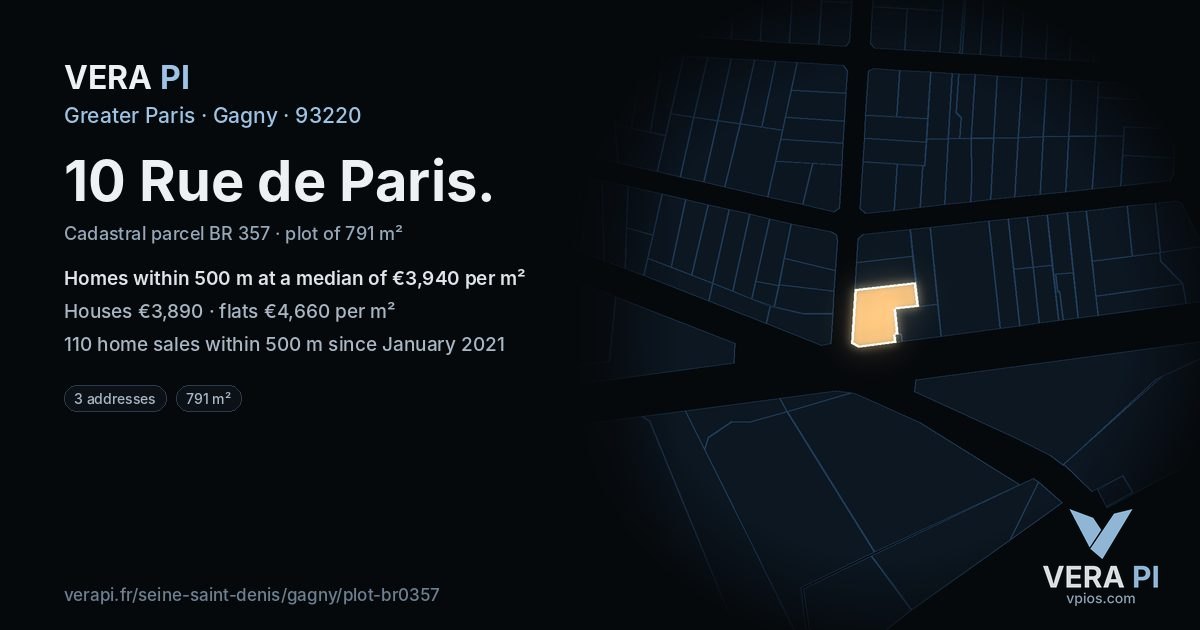 10 Rue de Paris, Gagny at night – the plot lit, the parcels around coloured by the prices near them
