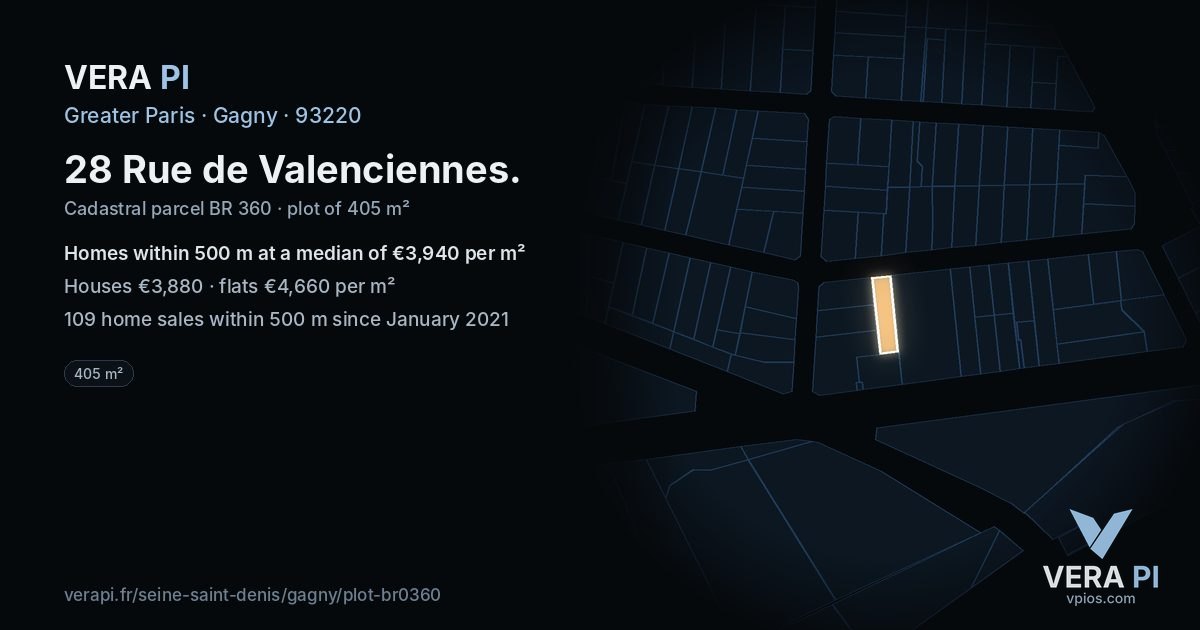 28 Rue de Valenciennes, Gagny at night – the plot lit, the parcels around coloured by the prices near them