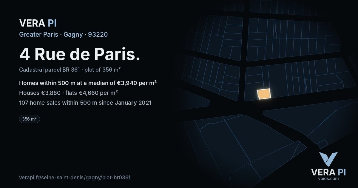 4 Rue de Paris, Gagny at night – the plot lit, the parcels around coloured by the prices near them
