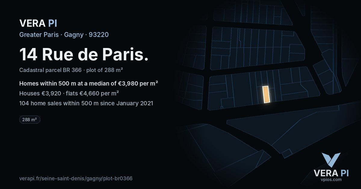 14 Rue de Paris, Gagny at night – the plot lit, the parcels around coloured by the prices near them