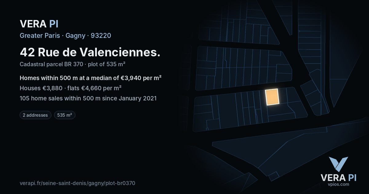 42 Rue de Valenciennes, Gagny at night – the plot lit, the parcels around coloured by the prices near them
