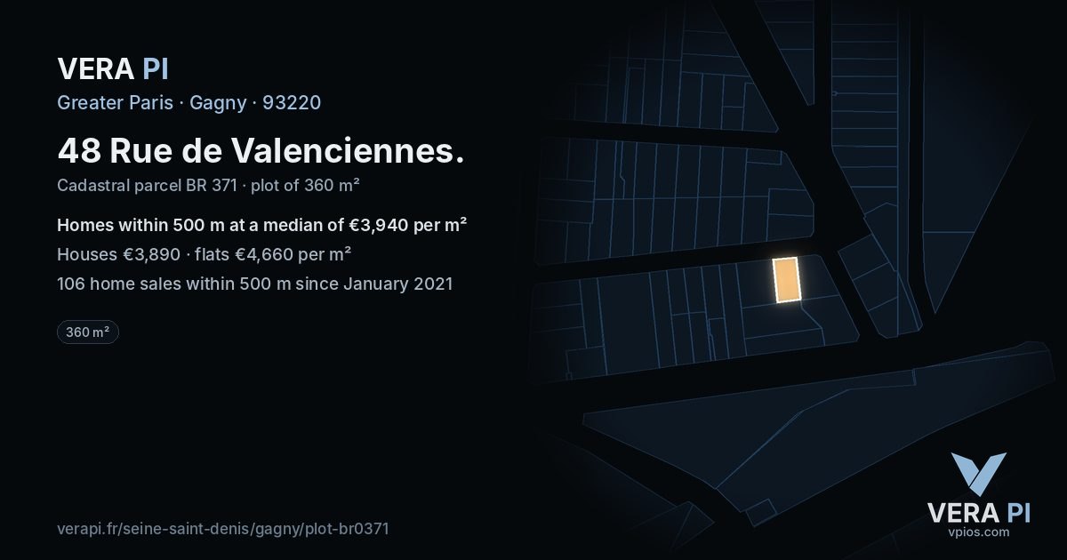 48 Rue de Valenciennes, Gagny at night – the plot lit, the parcels around coloured by the prices near them