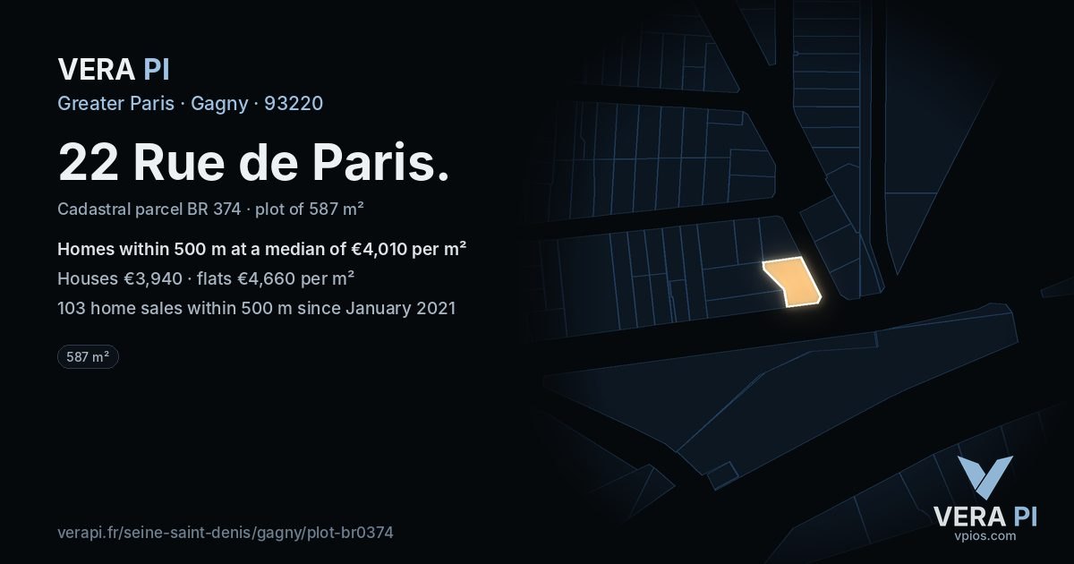 22 Rue de Paris, Gagny at night – the plot lit, the parcels around coloured by the prices near them