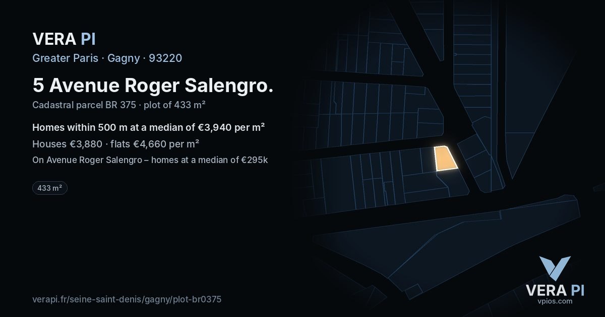 5 Avenue Roger Salengro, Gagny at night – the plot lit, the parcels around coloured by the prices near them