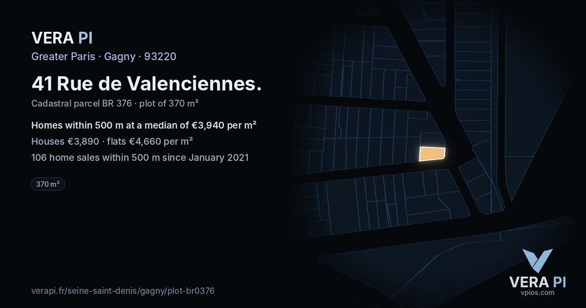 41 Rue de Valenciennes, Gagny at night – the plot lit, the parcels around coloured by the prices near them