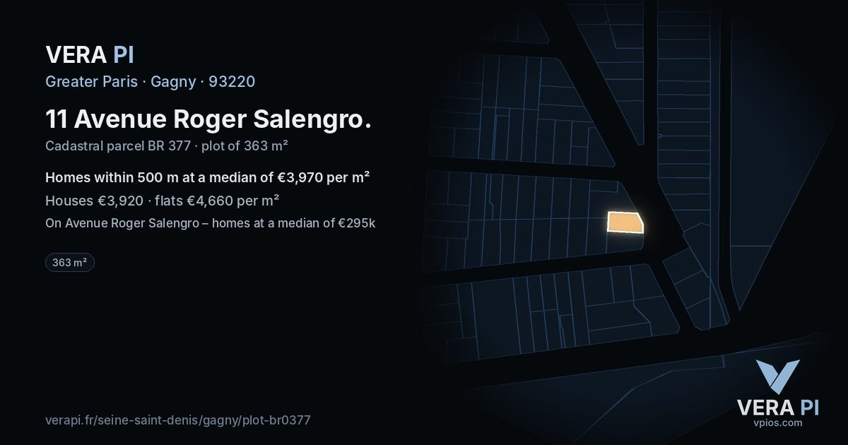 11 Avenue Roger Salengro, Gagny at night – the plot lit, the parcels around coloured by the prices near them