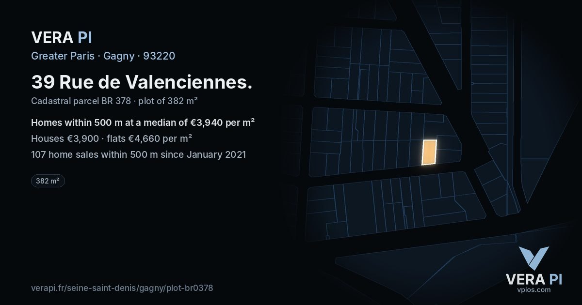 39 Rue de Valenciennes, Gagny at night – the plot lit, the parcels around coloured by the prices near them