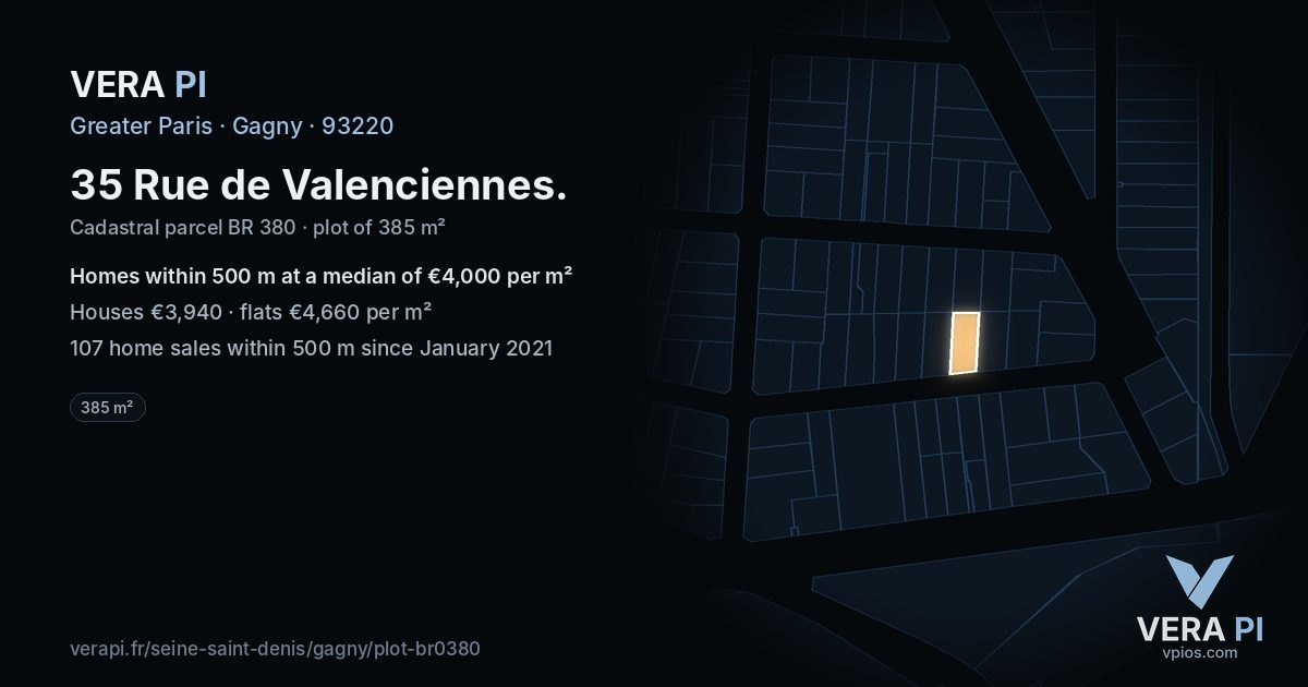 35 Rue de Valenciennes, Gagny at night – the plot lit, the parcels around coloured by the prices near them