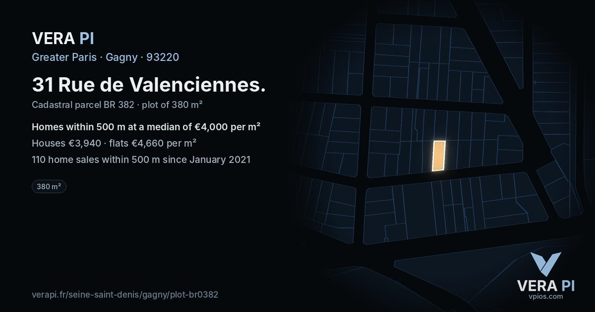 31 Rue de Valenciennes, Gagny at night – the plot lit, the parcels around coloured by the prices near them