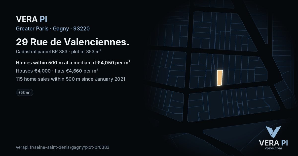 29 Rue de Valenciennes, Gagny at night – the plot lit, the parcels around coloured by the prices near them
