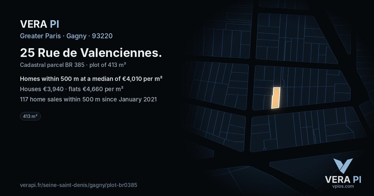 25 Rue de Valenciennes, Gagny at night – the plot lit, the parcels around coloured by the prices near them
