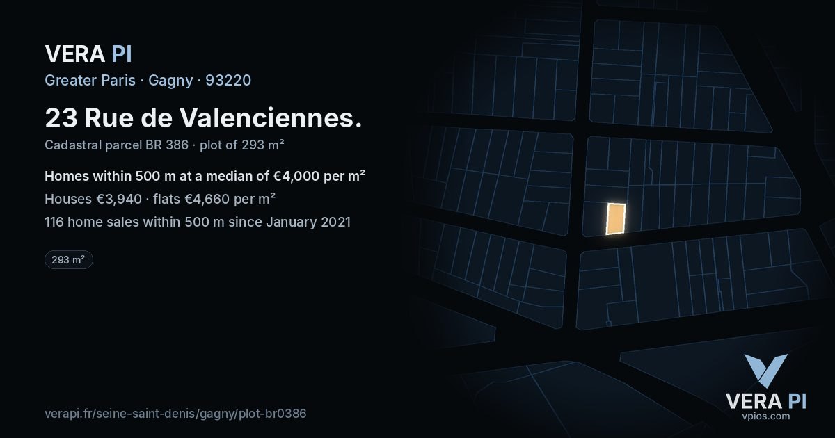 23 Rue de Valenciennes, Gagny at night – the plot lit, the parcels around coloured by the prices near them