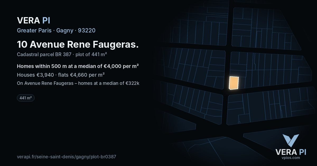 10 Avenue Rene Faugeras, Gagny at night – the plot lit, the parcels around coloured by the prices near them