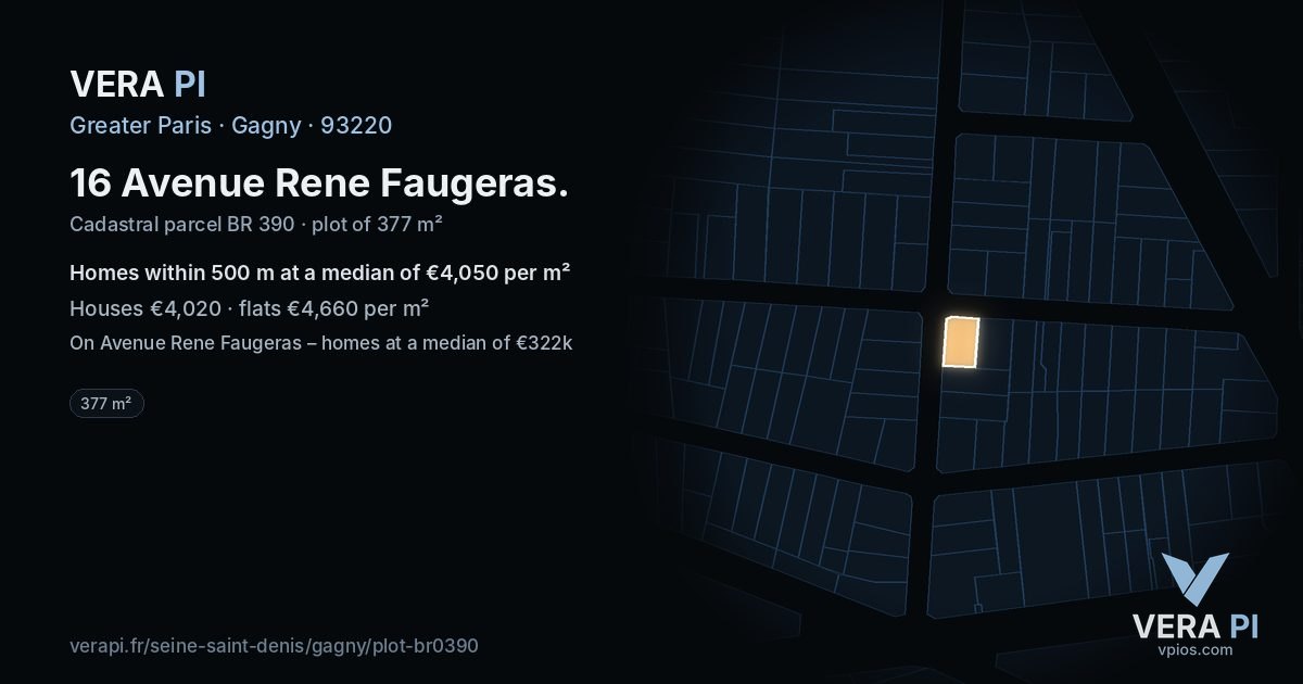 16 Avenue Rene Faugeras, Gagny at night – the plot lit, the parcels around coloured by the prices near them