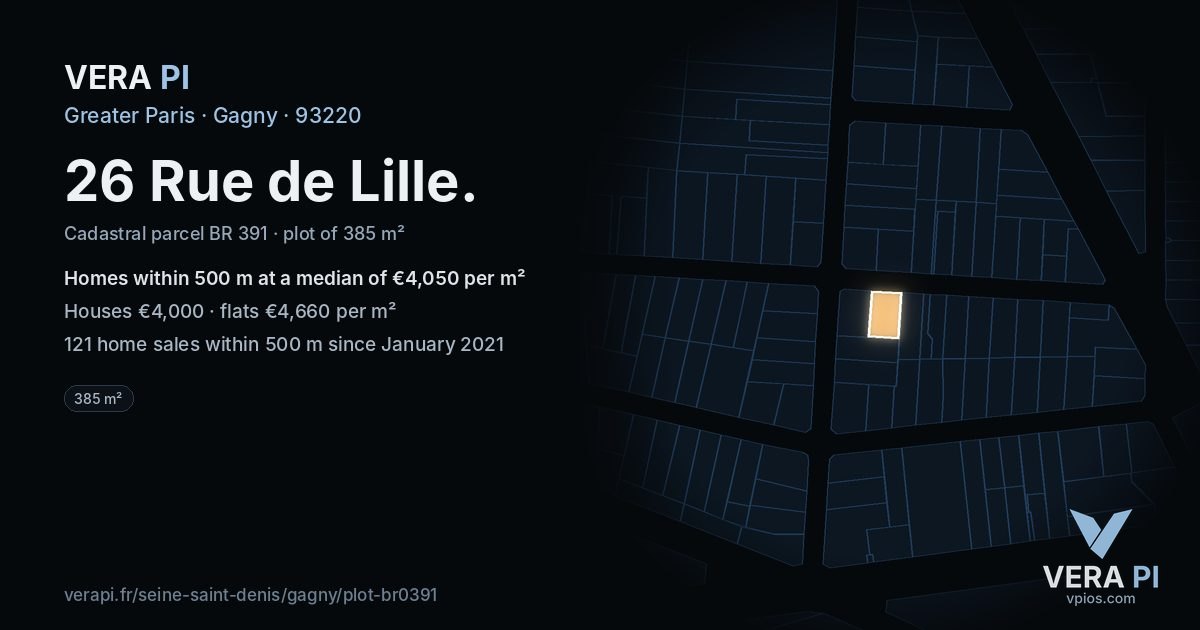 26 Rue de Lille, Gagny at night – the plot lit, the parcels around coloured by the prices near them