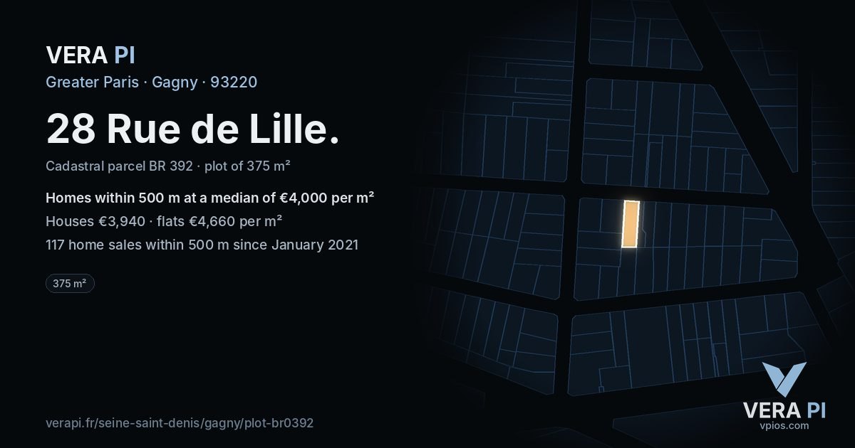 28 Rue de Lille, Gagny at night – the plot lit, the parcels around coloured by the prices near them