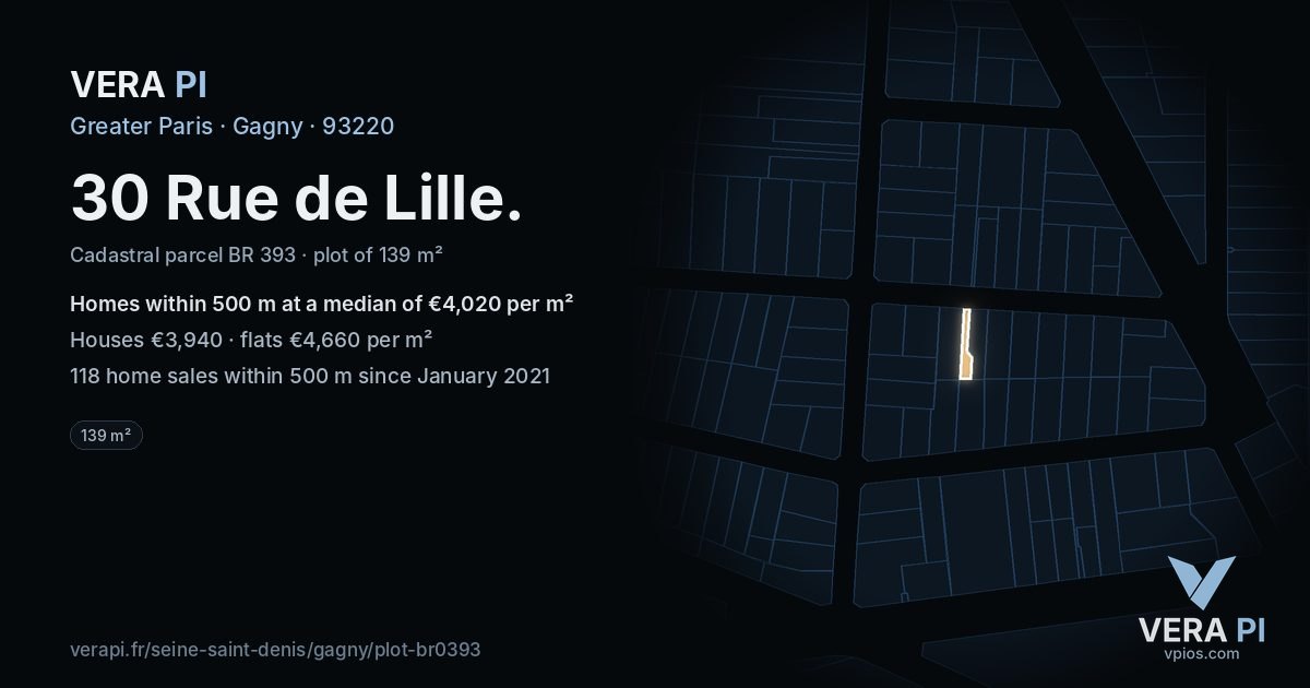 30 Rue de Lille, Gagny at night – the plot lit, the parcels around coloured by the prices near them