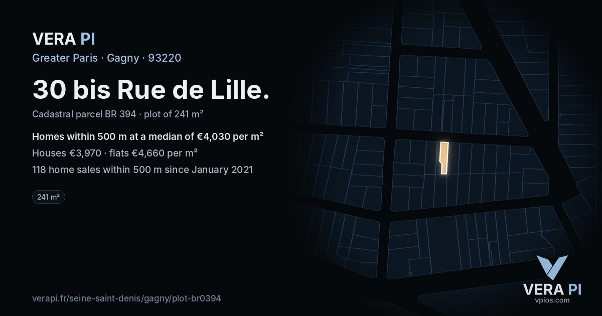 30 bis Rue de Lille, Gagny at night – the plot lit, the parcels around coloured by the prices near them