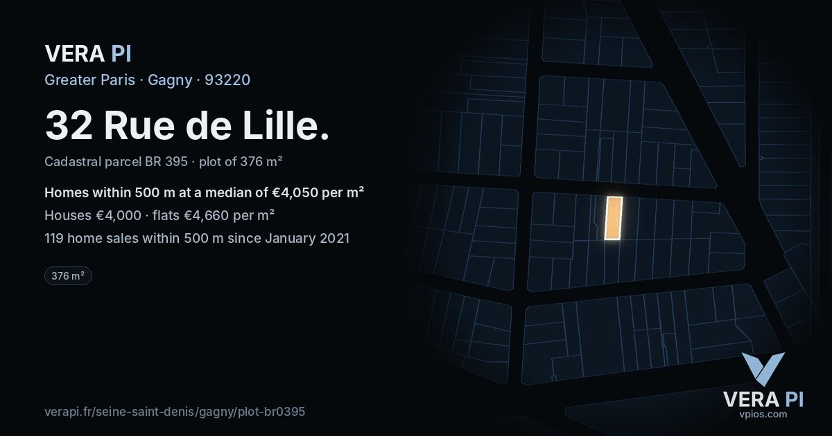 32 Rue de Lille, Gagny at night – the plot lit, the parcels around coloured by the prices near them