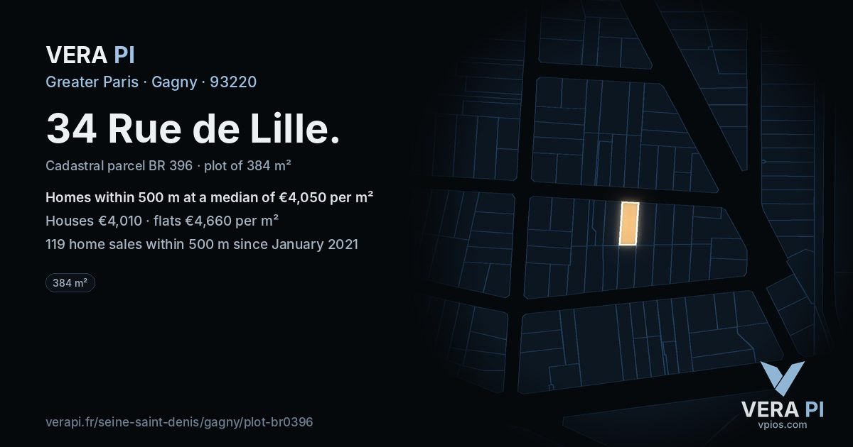 34 Rue de Lille, Gagny at night – the plot lit, the parcels around coloured by the prices near them