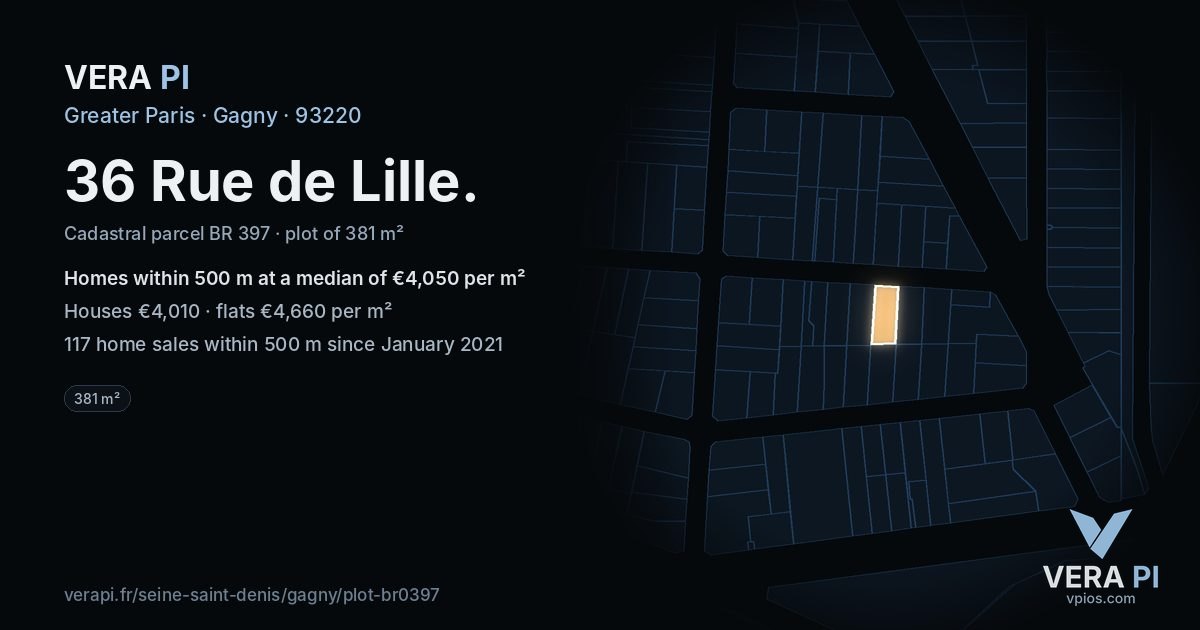 36 Rue de Lille, Gagny at night – the plot lit, the parcels around coloured by the prices near them
