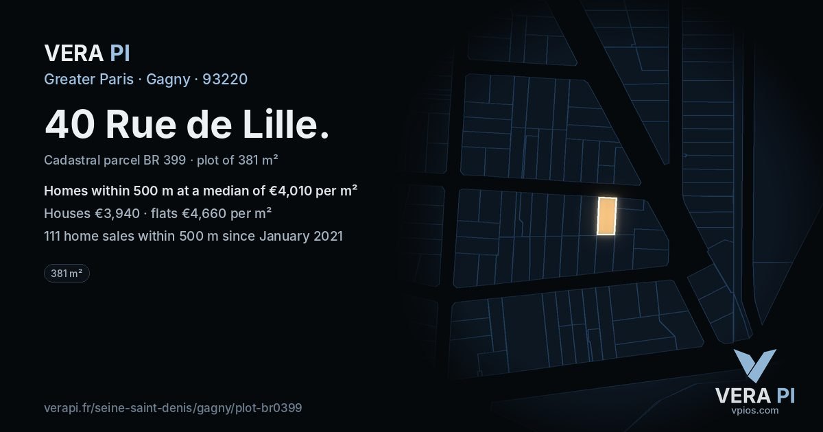40 Rue de Lille, Gagny at night – the plot lit, the parcels around coloured by the prices near them