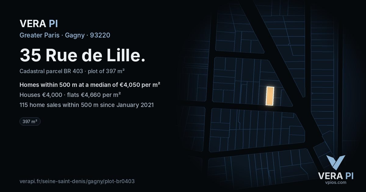 35 Rue de Lille, Gagny at night – the plot lit, the parcels around coloured by the prices near them
