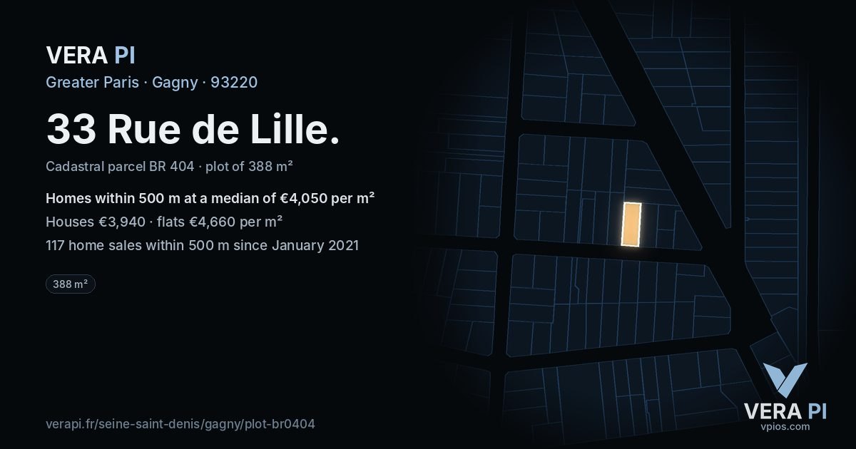 33 Rue de Lille, Gagny at night – the plot lit, the parcels around coloured by the prices near them
