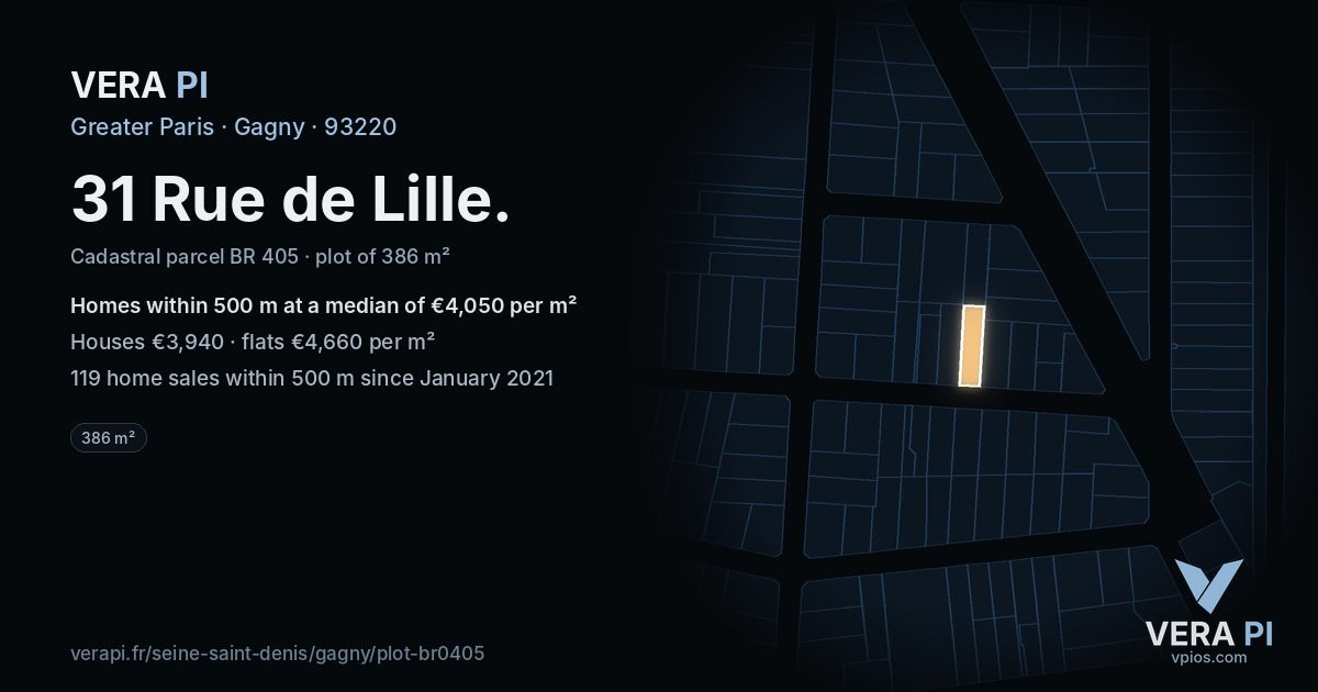 31 Rue de Lille, Gagny at night – the plot lit, the parcels around coloured by the prices near them