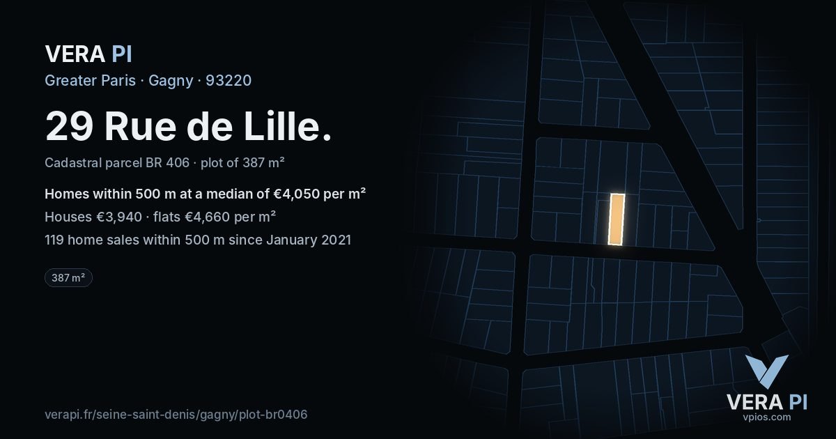 29 Rue de Lille, Gagny at night – the plot lit, the parcels around coloured by the prices near them