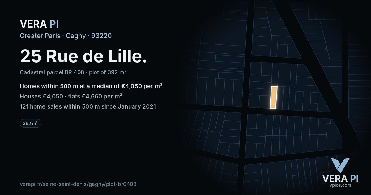 25 Rue de Lille, Gagny at night – the plot lit, the parcels around coloured by the prices near them