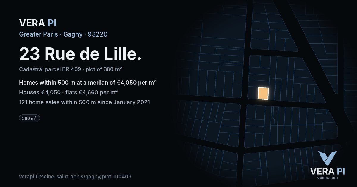 23 Rue de Lille, Gagny at night – the plot lit, the parcels around coloured by the prices near them