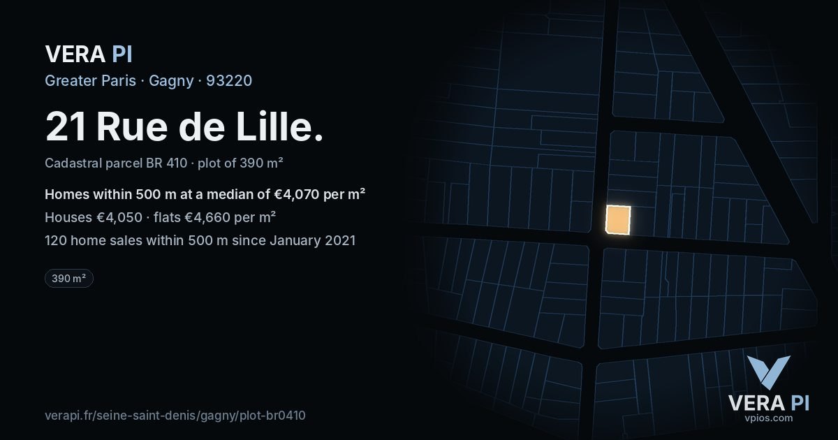 21 Rue de Lille, Gagny at night – the plot lit, the parcels around coloured by the prices near them