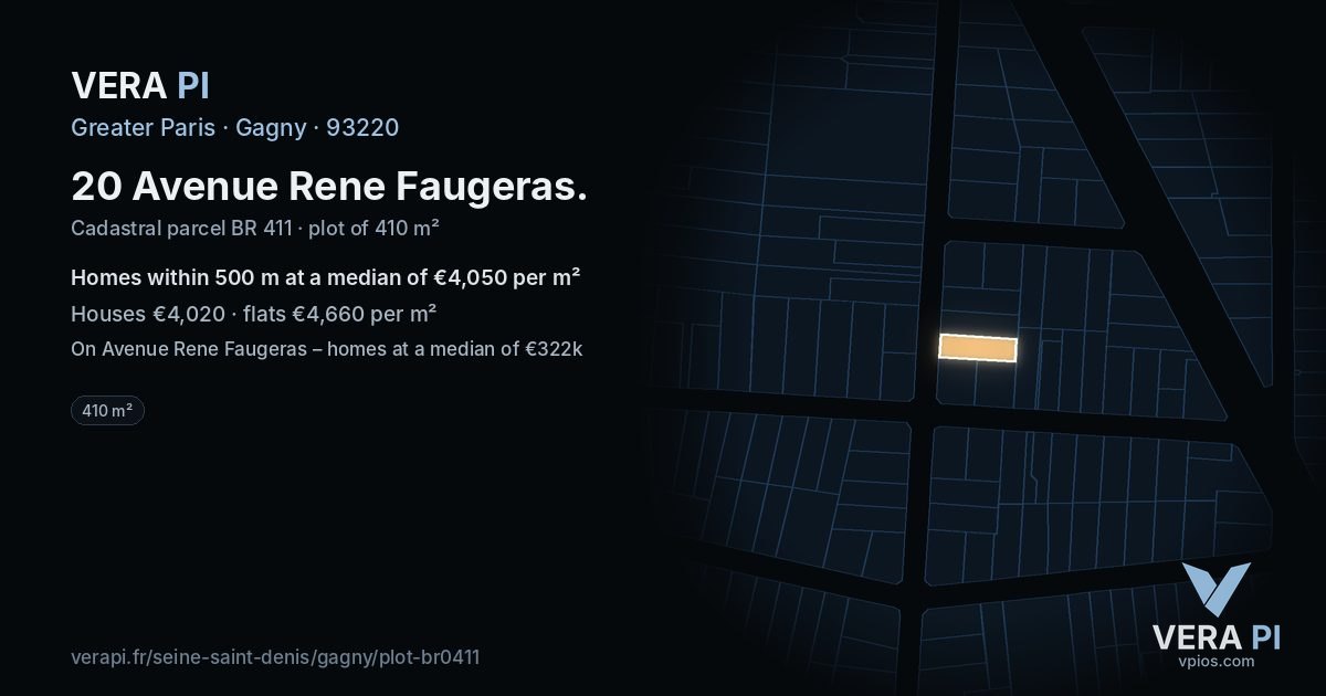 20 Avenue Rene Faugeras, Gagny at night – the plot lit, the parcels around coloured by the prices near them