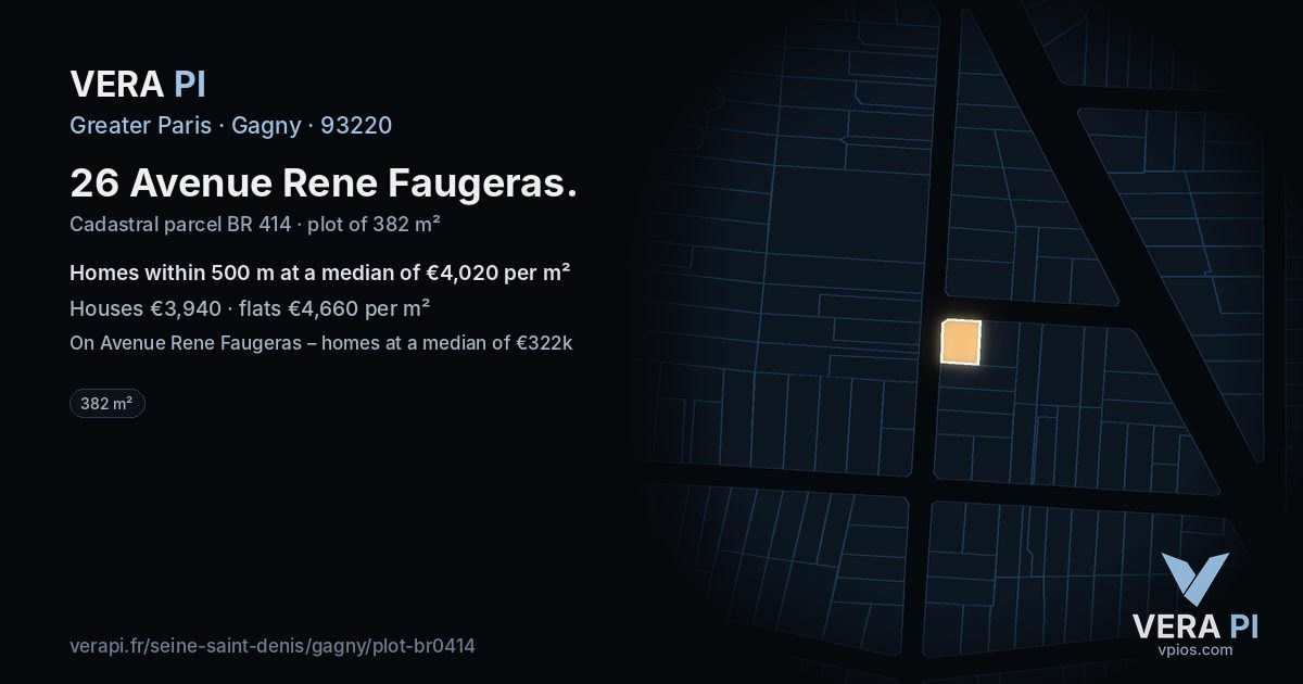 26 Avenue Rene Faugeras, Gagny at night – the plot lit, the parcels around coloured by the prices near them