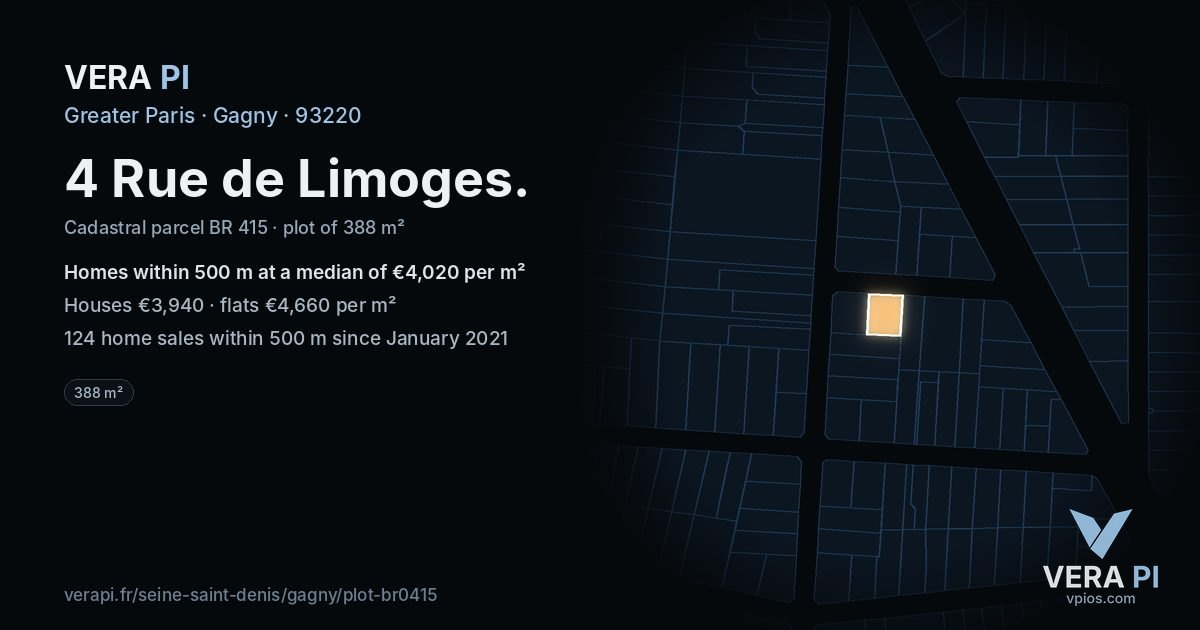 4 Rue de Limoges, Gagny at night – the plot lit, the parcels around coloured by the prices near them