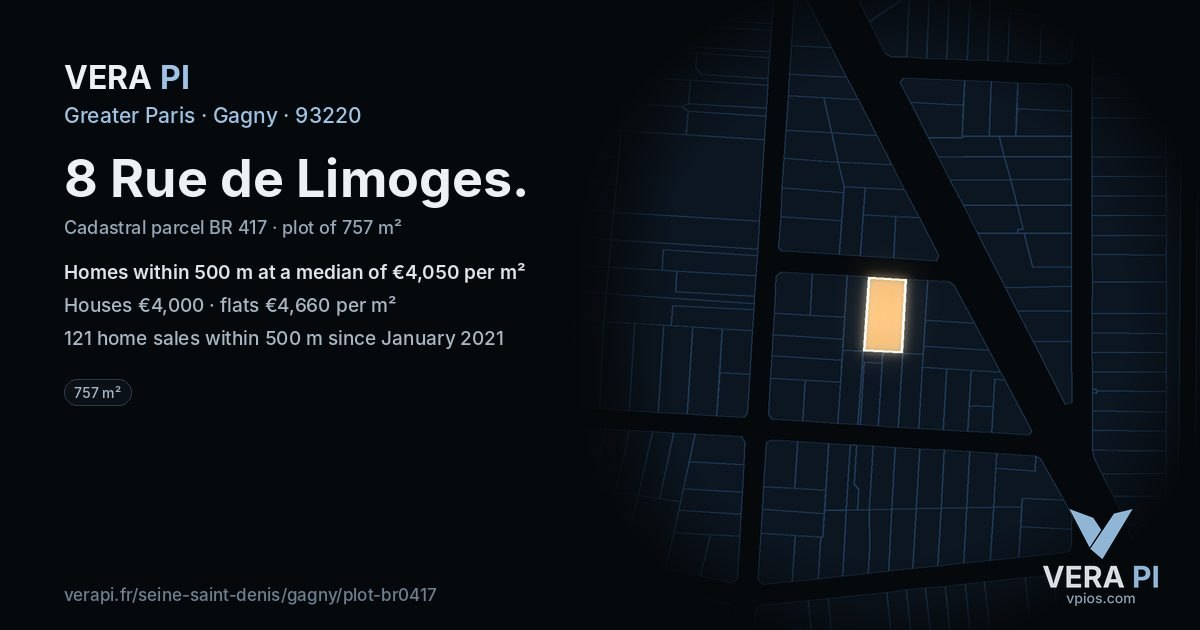 8 Rue de Limoges, Gagny at night – the plot lit, the parcels around coloured by the prices near them