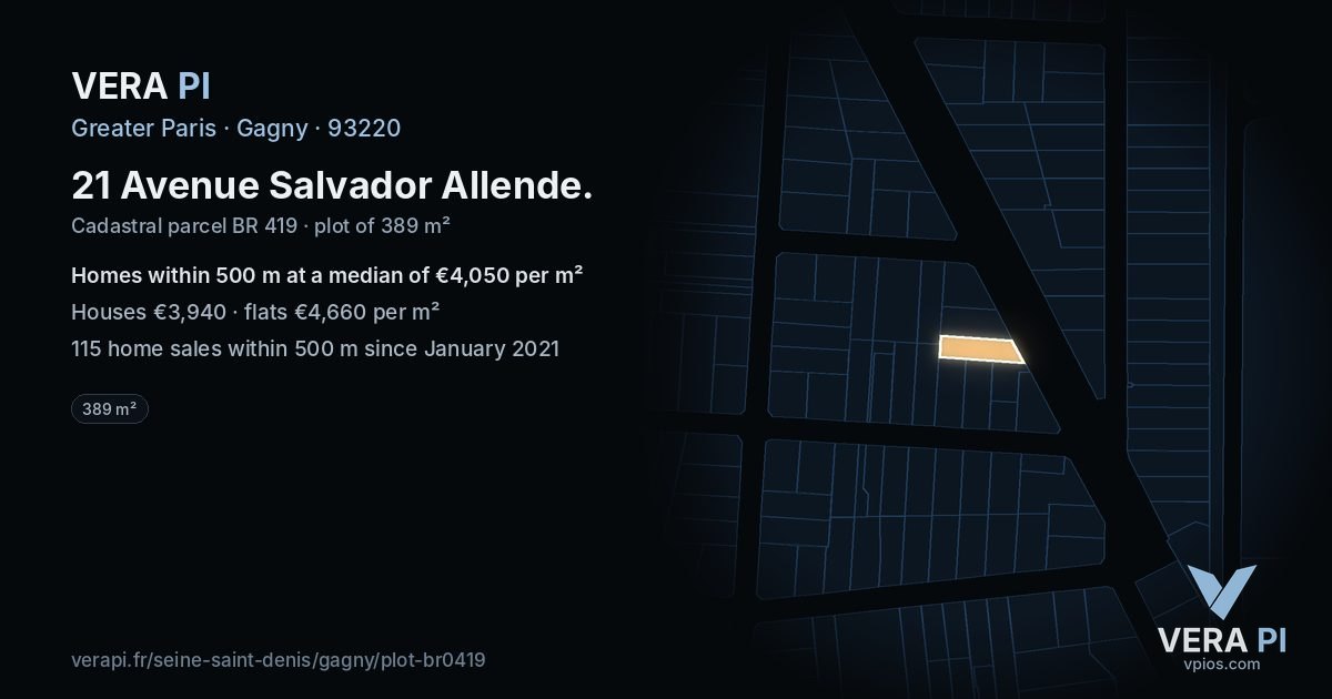 21 Avenue Salvador Allende, Gagny at night – the plot lit, the parcels around coloured by the prices near them