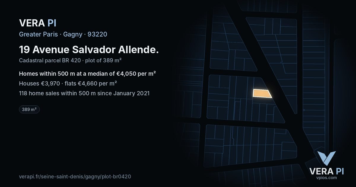 19 Avenue Salvador Allende, Gagny at night – the plot lit, the parcels around coloured by the prices near them