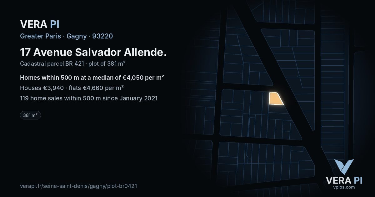 17 Avenue Salvador Allende, Gagny at night – the plot lit, the parcels around coloured by the prices near them