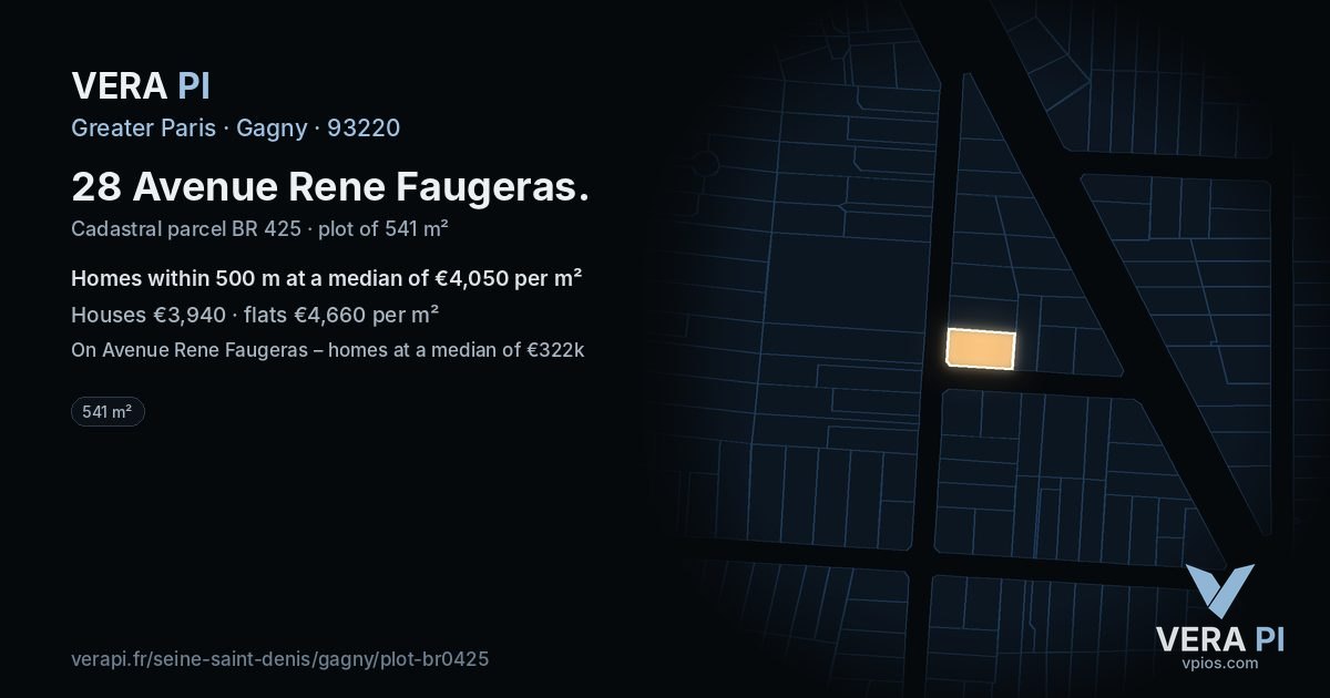 28 Avenue Rene Faugeras, Gagny at night – the plot lit, the parcels around coloured by the prices near them