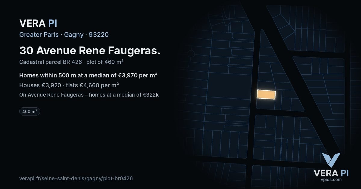 30 Avenue Rene Faugeras, Gagny at night – the plot lit, the parcels around coloured by the prices near them