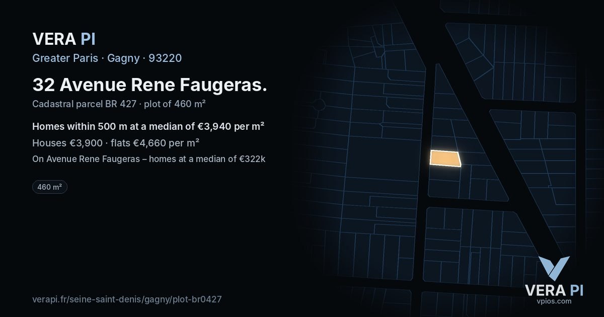 32 Avenue Rene Faugeras, Gagny at night – the plot lit, the parcels around coloured by the prices near them