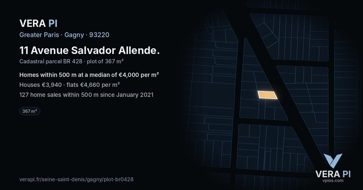 11 Avenue Salvador Allende, Gagny at night – the plot lit, the parcels around coloured by the prices near them