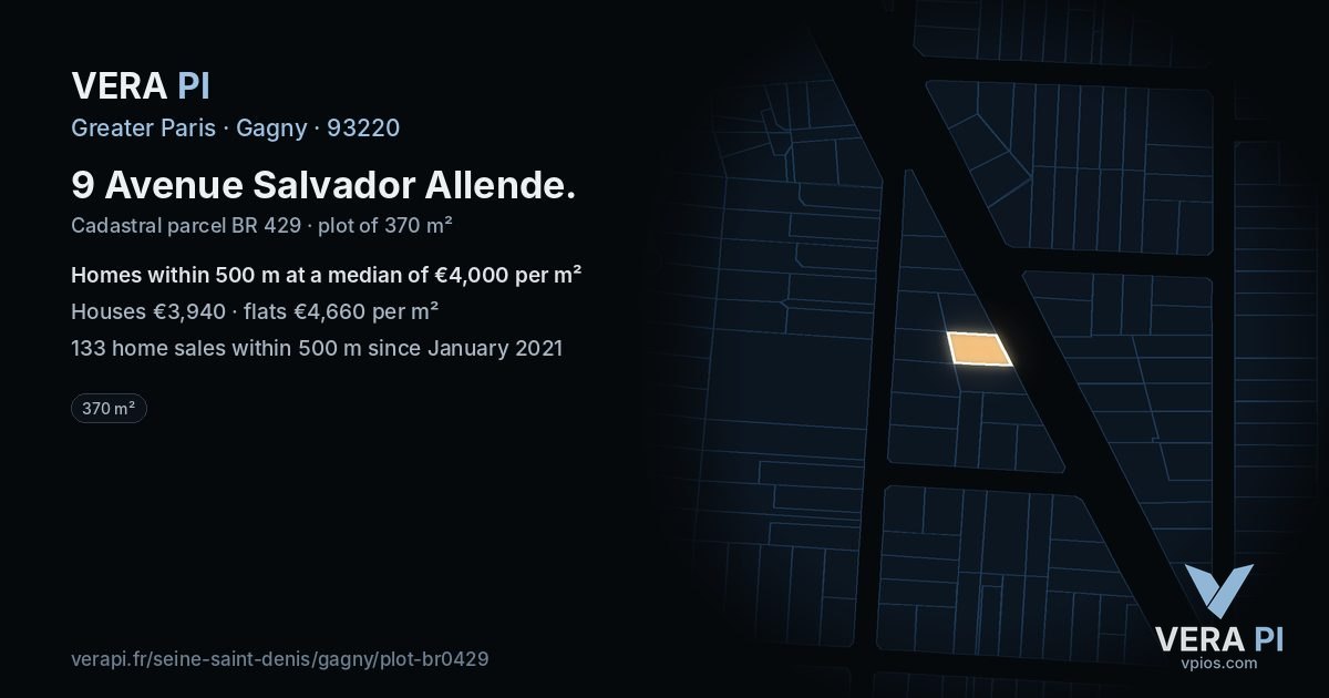 9 Avenue Salvador Allende, Gagny at night – the plot lit, the parcels around coloured by the prices near them
