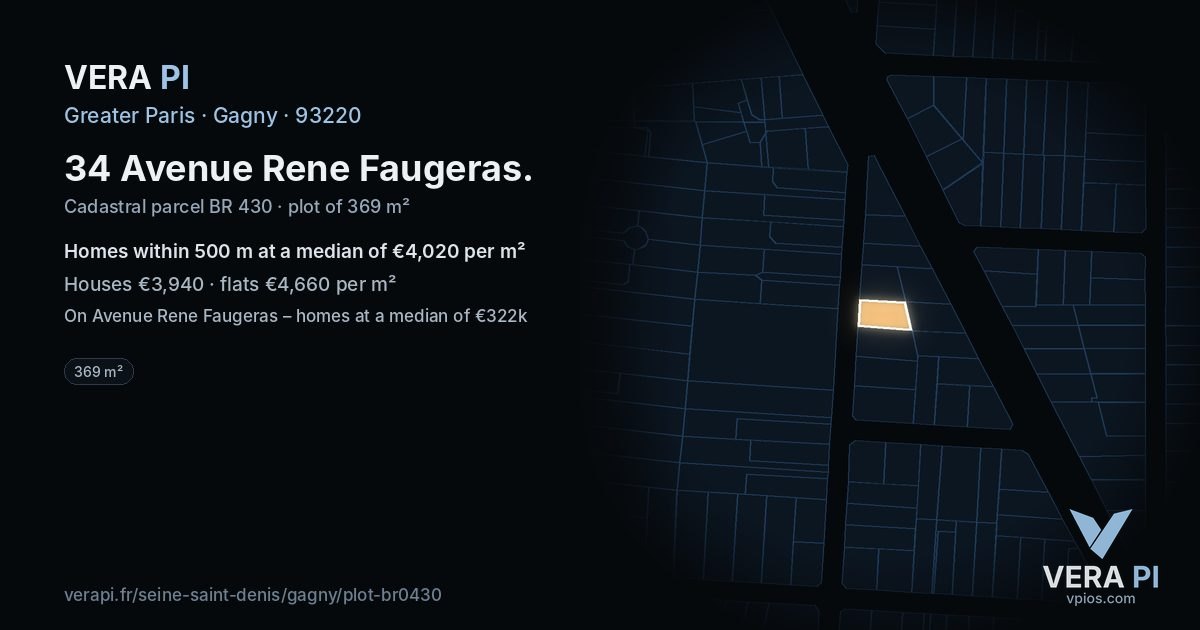 34 Avenue Rene Faugeras, Gagny at night – the plot lit, the parcels around coloured by the prices near them