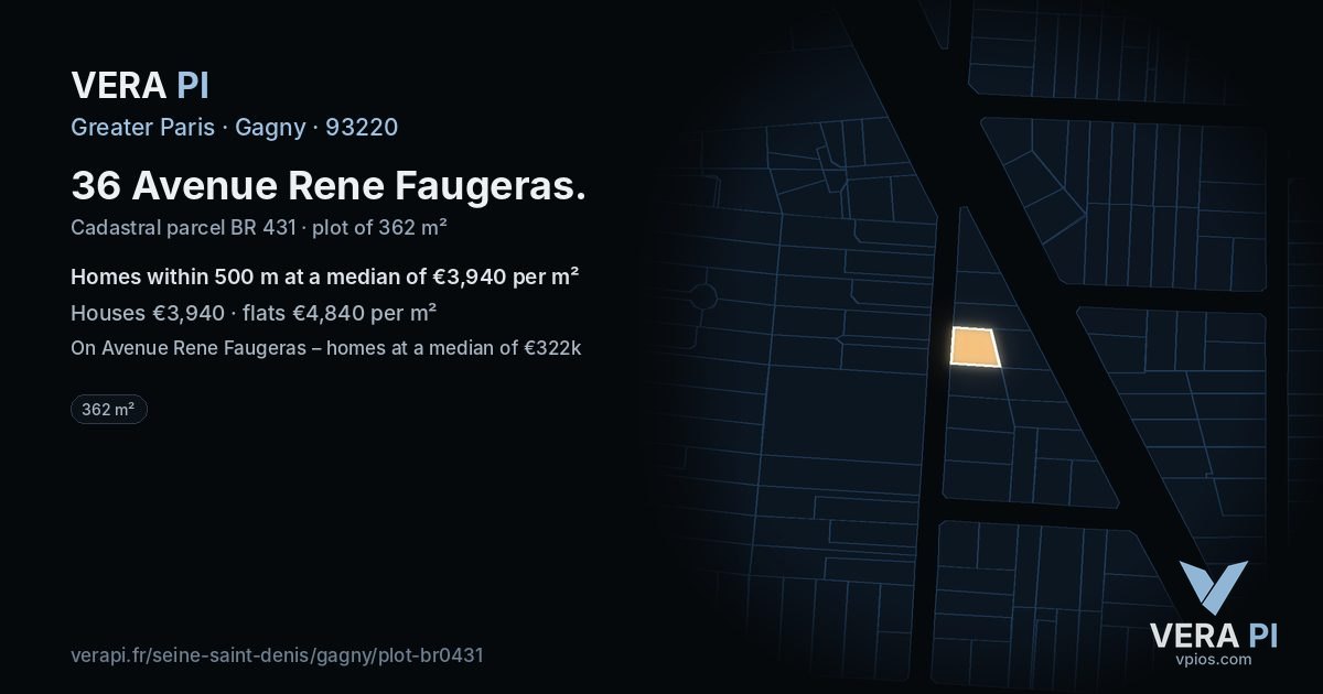 36 Avenue Rene Faugeras, Gagny at night – the plot lit, the parcels around coloured by the prices near them